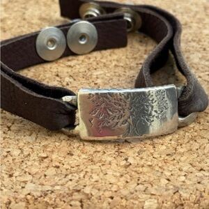 Jes Maharry Black Leather Bracelet with Oak of Strenght Silver Plate